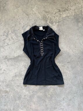 Black Sleeveless Lace-Up Polo Tank Top